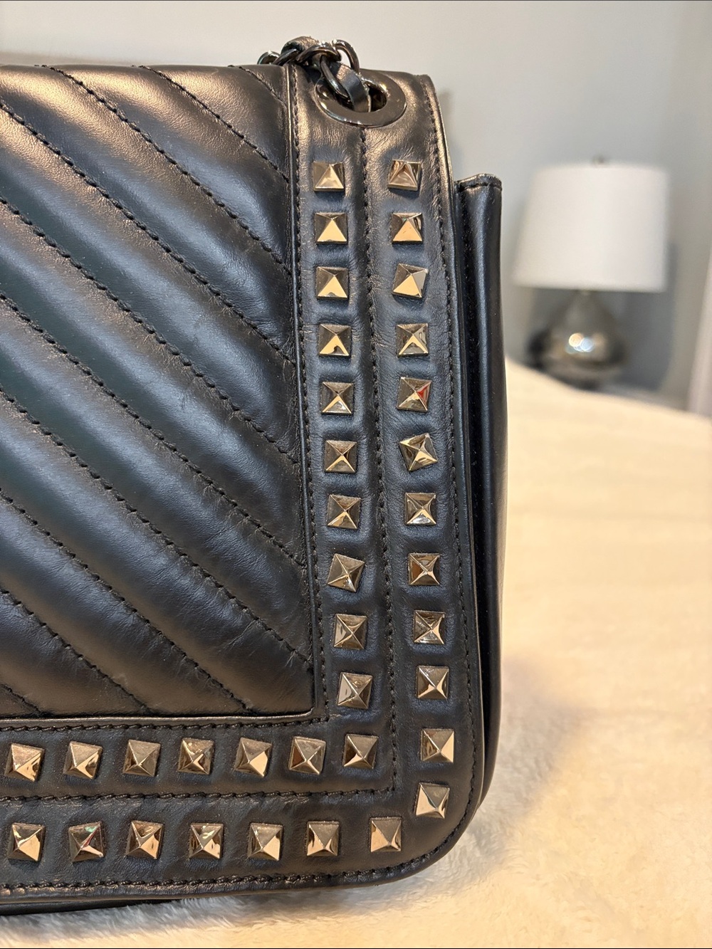 Black leather Studded Quilted Crossbody Bag - Designer - Picture 3 of 10
